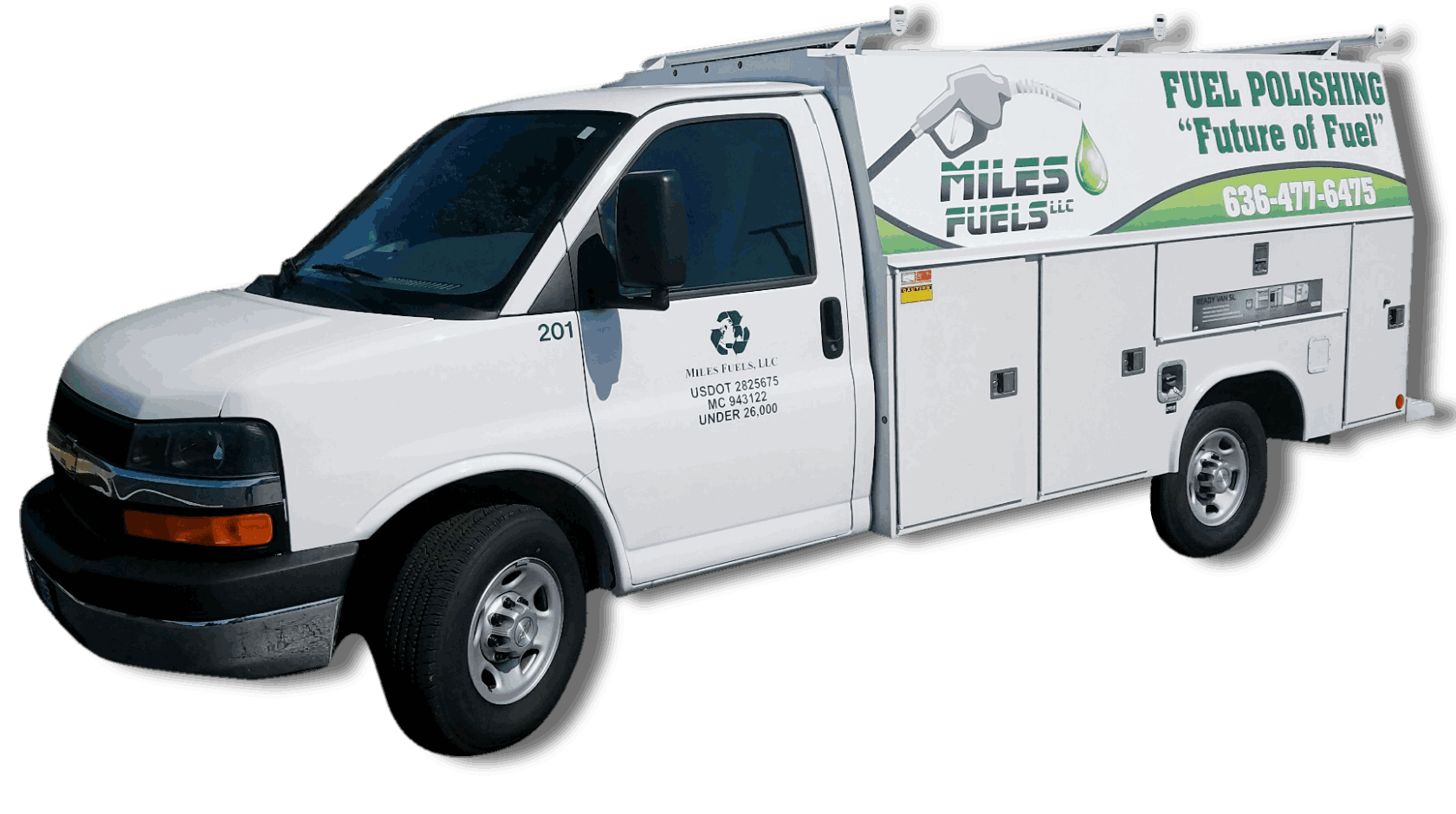 A white truck with the words " miles fuels ".